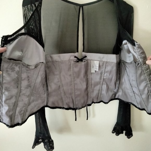 Aggie Black Lace Hook and Eye Corset Bustier top with mesh sleeves - Picture 11 of 13